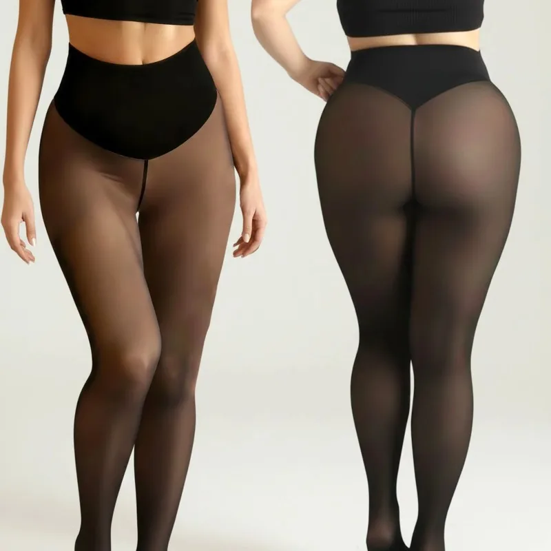 

New Arrival One Seam Fleece Lined Tights Shaping Thermal Leggings Plus Size Sheer Translucent Pantyhose Compression Band