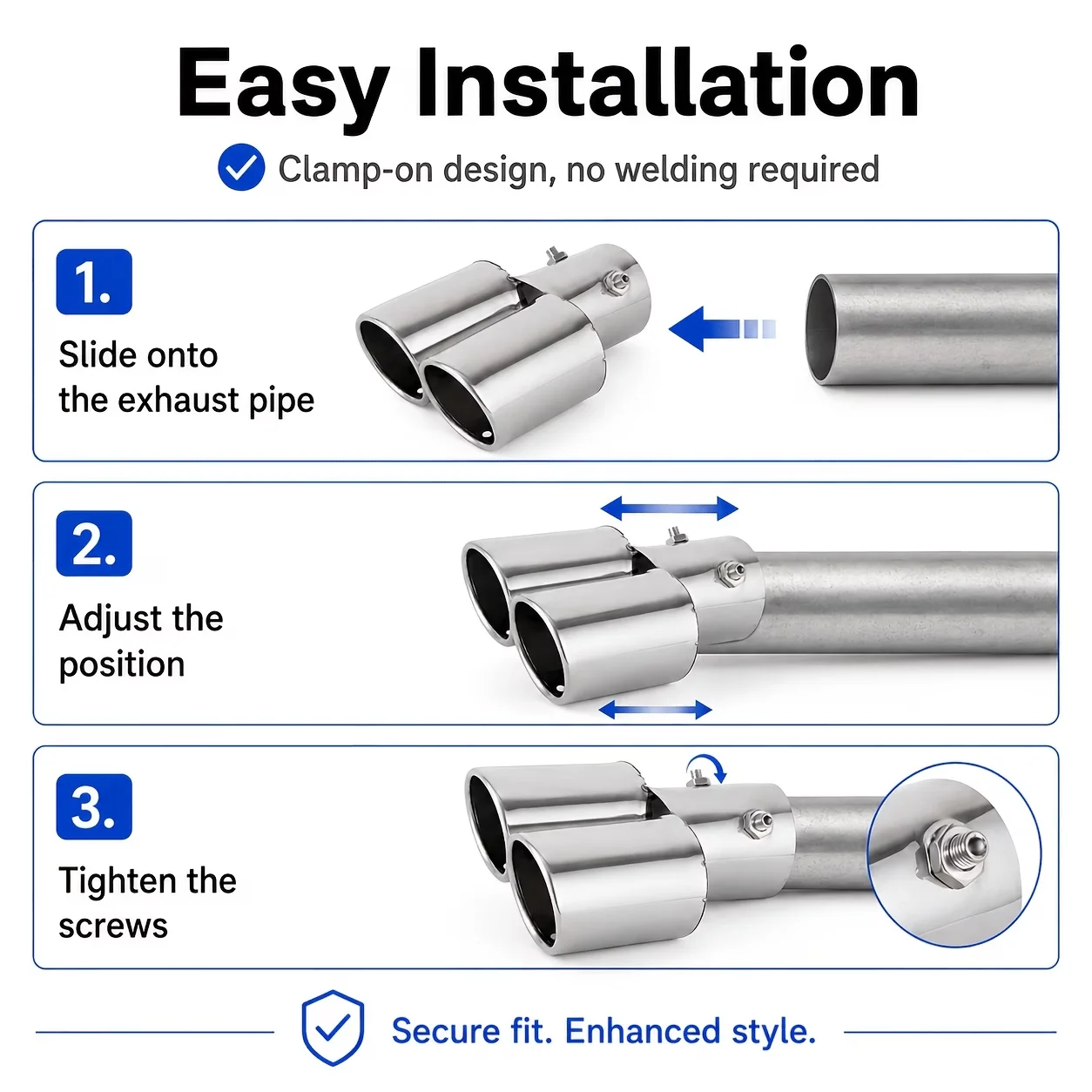 63.5mm Stainless Steel Dual Exit Exhaust Tail Tip Silver, Bolt-On Slant Mouth Straight Through Muffler End Pipe Auto Exhaust Mod