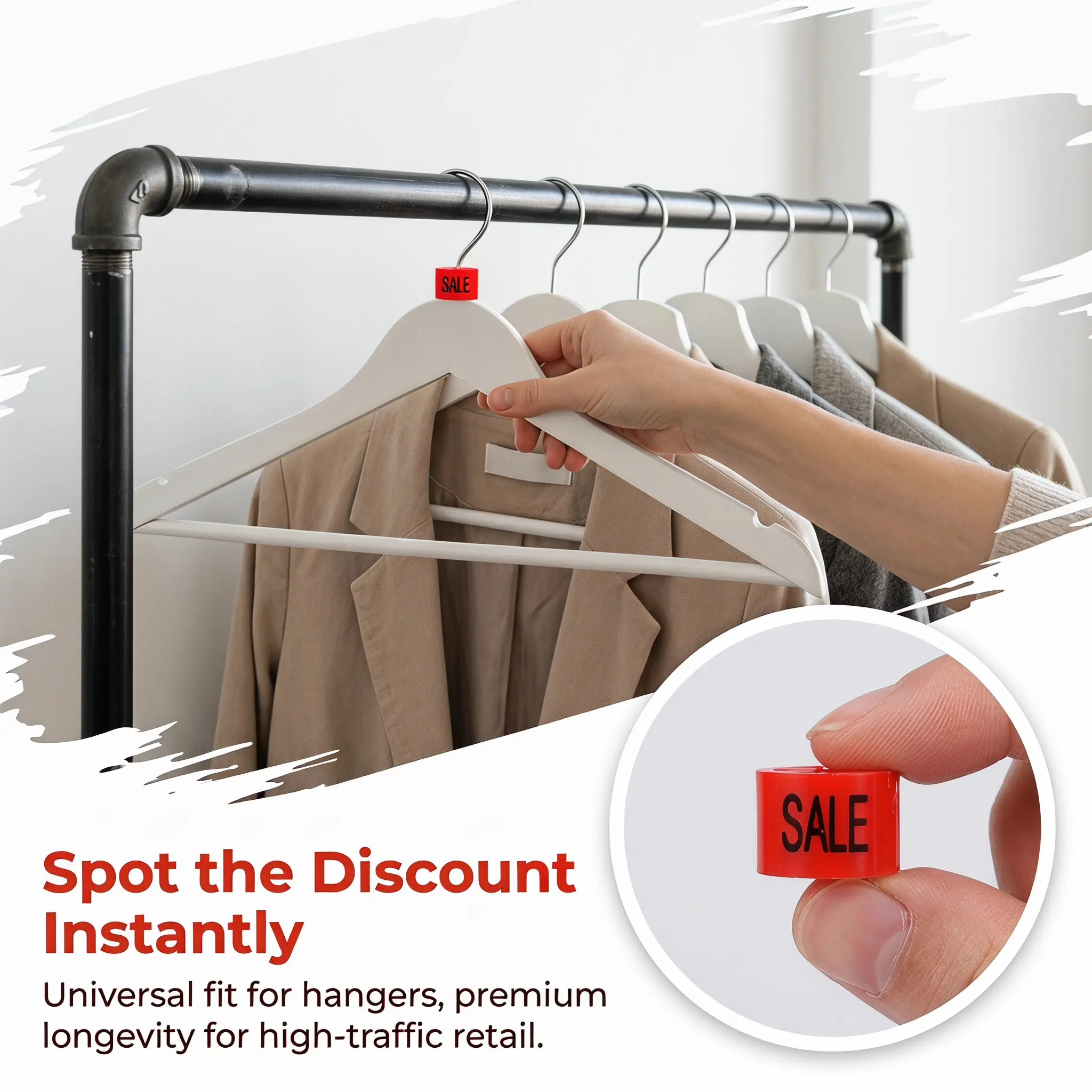 100Pcs Bright Red Plastic Sale Hanger Markers Clothes Size Identification Tags Garment Organization Kit Long-Lasting Hook Mount