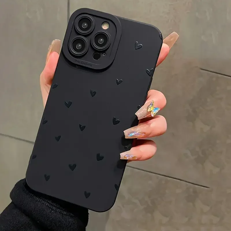 

For iPhone 16 15 14 13 12 11 Pro Max Case Fashion Black Small Love Heart Silicone Cover For iPhone 16e XS Max XR X 7 8 Plus Case