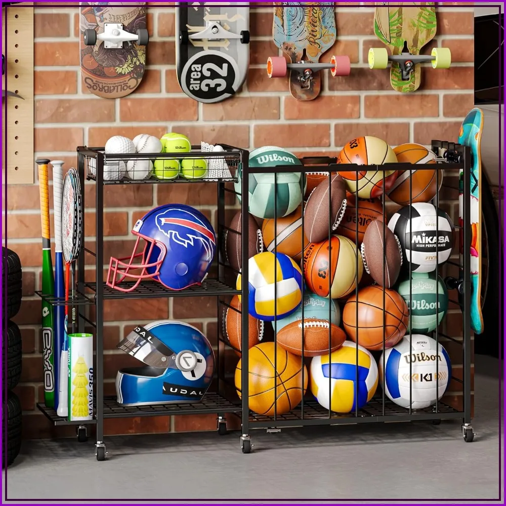 

Ball Storage with Elastic Rope for Sports, Garage Organization with Wheels, Large-Capacity Sports Equipment Organizer with Baseball Bat Holder and Basketball Rack
