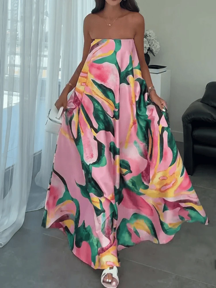 Elegancka sukienka bez ramiączek i rękawów, idealna na wakacje, damska moda, wzorzysty nadruk, drapowana długa sukienka 2026, seksowna sukienka bez pleców, luźna sukienka w stylu bohemy.