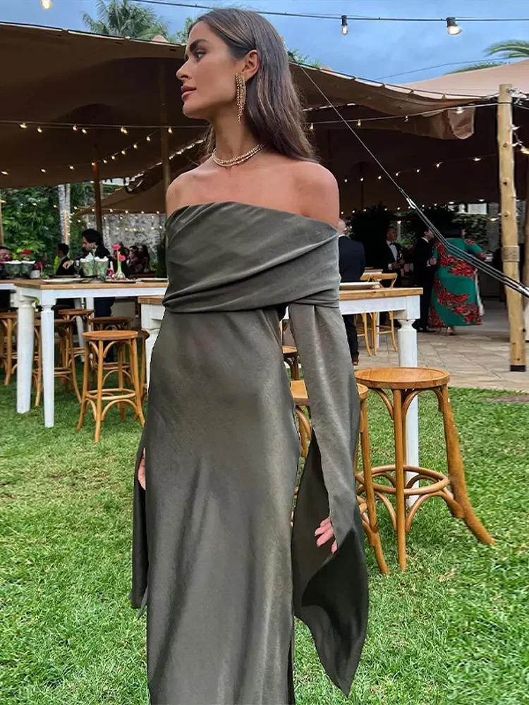 

Women Off Shoulder Long Sleeved Maxi Dress Chic Split Irregular Cuff Sleeveless Loose Dresses 2024 Lady Party Evening Gown