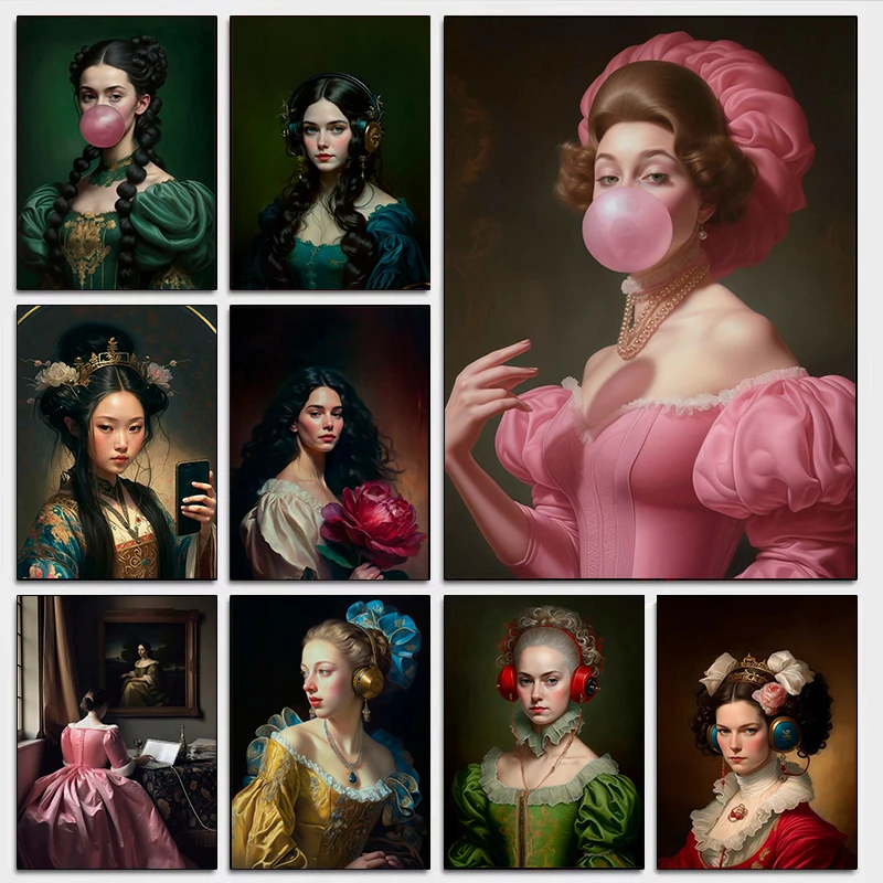 Vintage Funny Woman Blow bubbles Guarda al telefono Ascolta musica Poster importati stampati Dipinti su tela Wall Art Room Home Decor