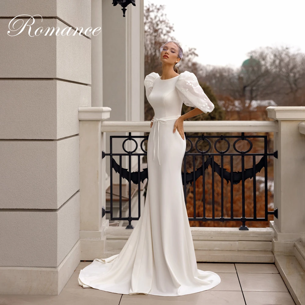 Vestidos De Novia sencillos De sirena con cuello redondo, fajas con mangas abullonadas De encaje, espalda abierta, tren De barrido, Vestidos De Novia personalizados