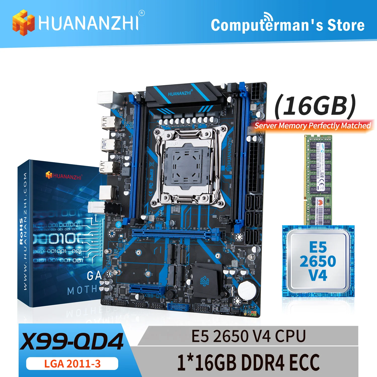 

HUANANZHI X99 QD4 LGA 2011-3 Motherboard combo kit set with CPU Intel XEON E5 2650 V4 with Memory 1*16G DDR4 RECC Support M.2 RU