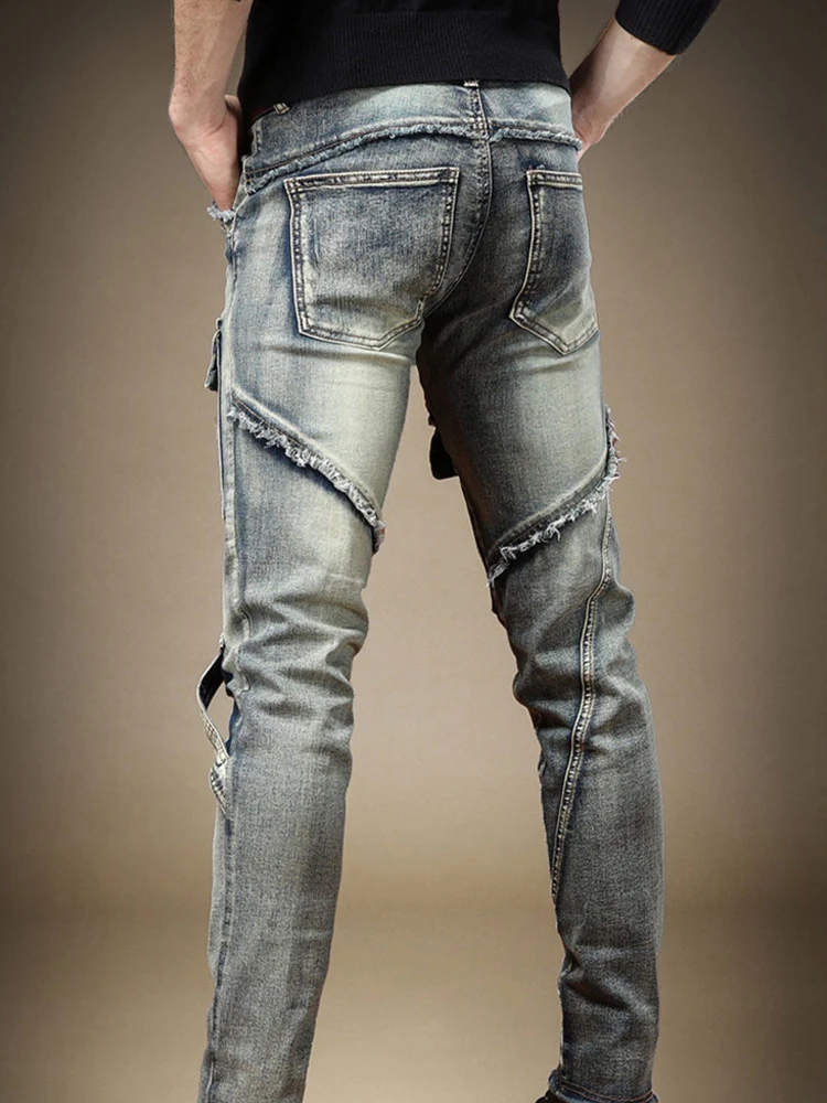 Jeans lavado slim fit masculino, calça jeans azul, calças stretch, streetwear de luxo, estilo hip-hop, vintage, verão, outono, verão, 2022