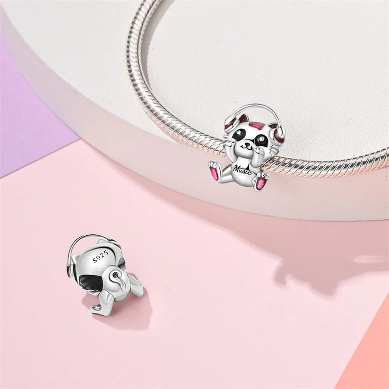 Original 925 Sterling Silver Music Cat Charms Beads Dangle For Women Fine DIY Birthday Jewelry Party Gifts