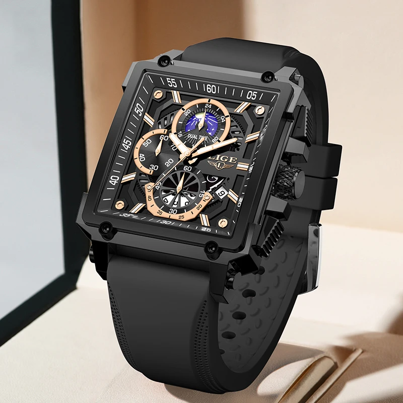 LIGE New Sport Chronograph Quartz Watch for Men Fashion Silicone Strap Square Dial Date Wristwatch 3ATM Waterproof Mens Watches