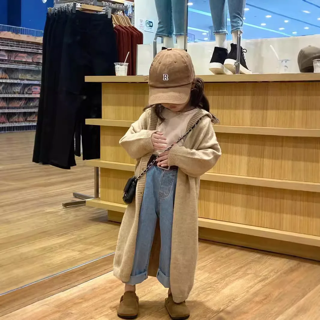 Girls Set 2025 Autumn New Korean Version Loose and Lazy Style Knitted Sweater Hooded Jacket Jeans Three Piece Set