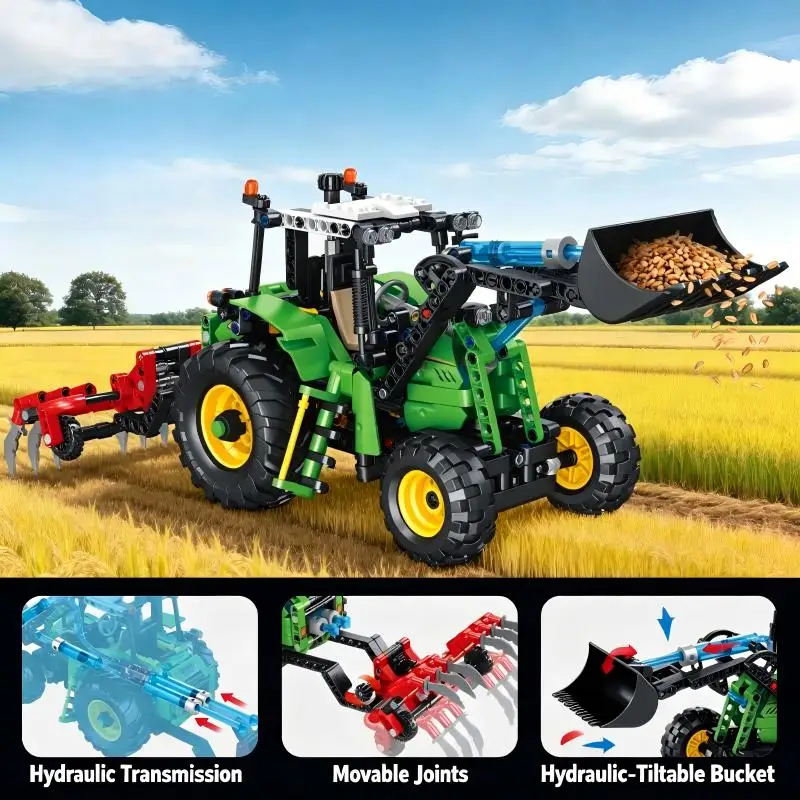 Hydraulic Farm Loader Harvester Building Blocks, Engineering Model, DIY Assembly, Desktop Decor, Nice Birthday Gift.