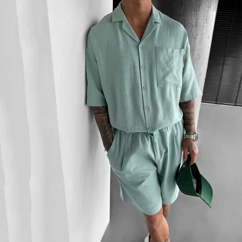 Hip Hop lässig Knopf Revers Shirt Top & Shorts Männer Outfit Frühling einfarbig zweiteilig Set Mann Sommer kurz ärmel igen T-Shirt Anzug