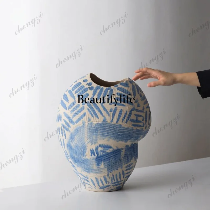 Wabi-sabi style vintage blue-patterned ceramic vase, handmade floral vessel, living room model room, entryway decorative piece