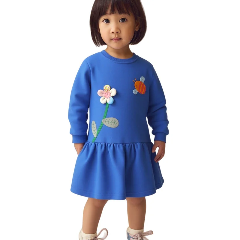 3-8T النحل التطريز طويلة الأكمام الأميرة الفتيات فساتين أزياء الأطفال ملابس الخريف الربيع حزب أزياء الأطفال الفساتين #1