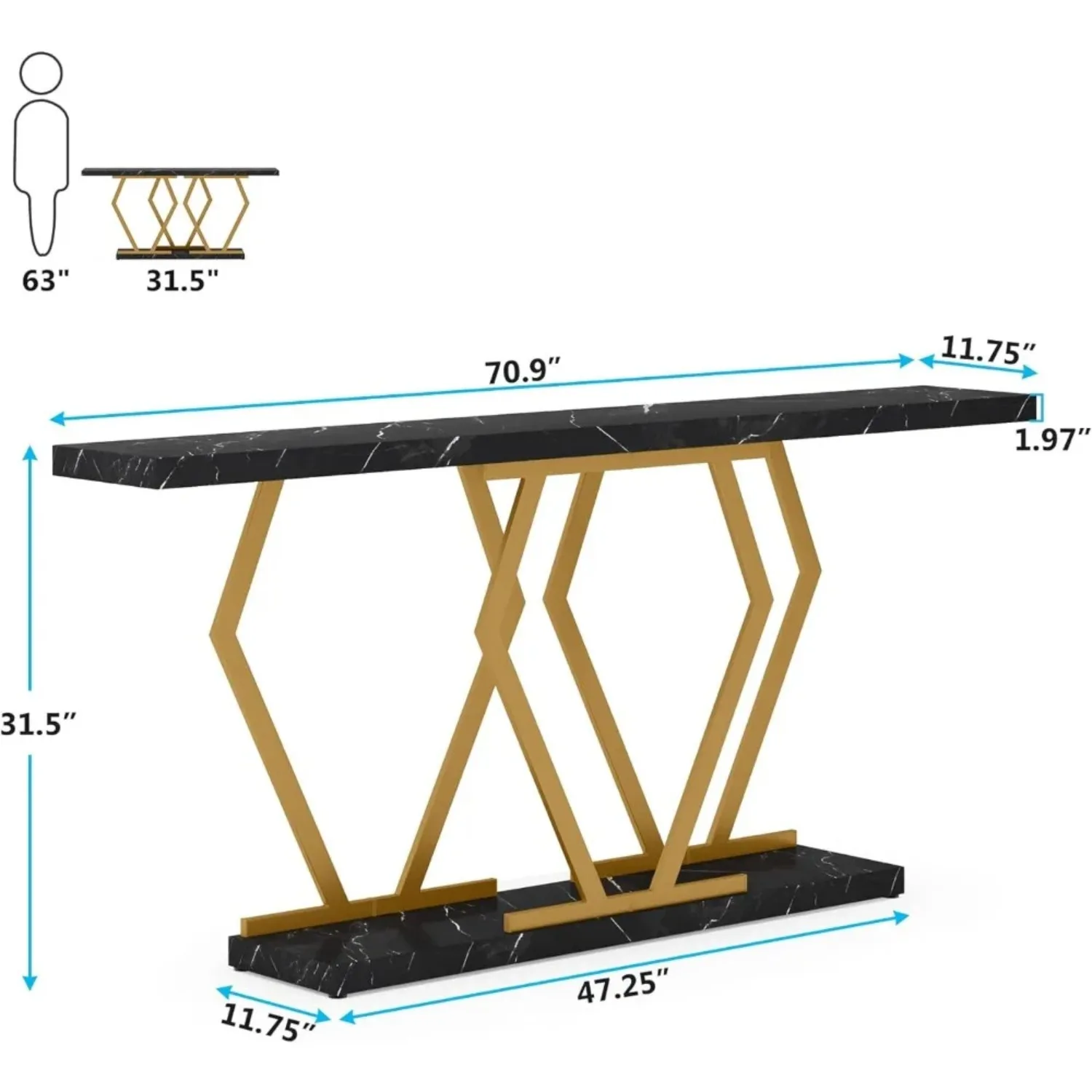 Mesa de sofá extra longa de 70,9 polegadas, mesa de console preta e dourada com tampo de mármore falso, mesa de entrada longa moderna com moldura dourada