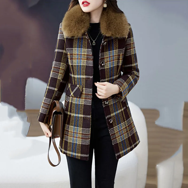 Mother PlaidWoolen Coat  Ladies Fashion Temperament Long Autumn And Winter Warm Slim Detachable Wool Collar  Woolen Clothcoat 5X