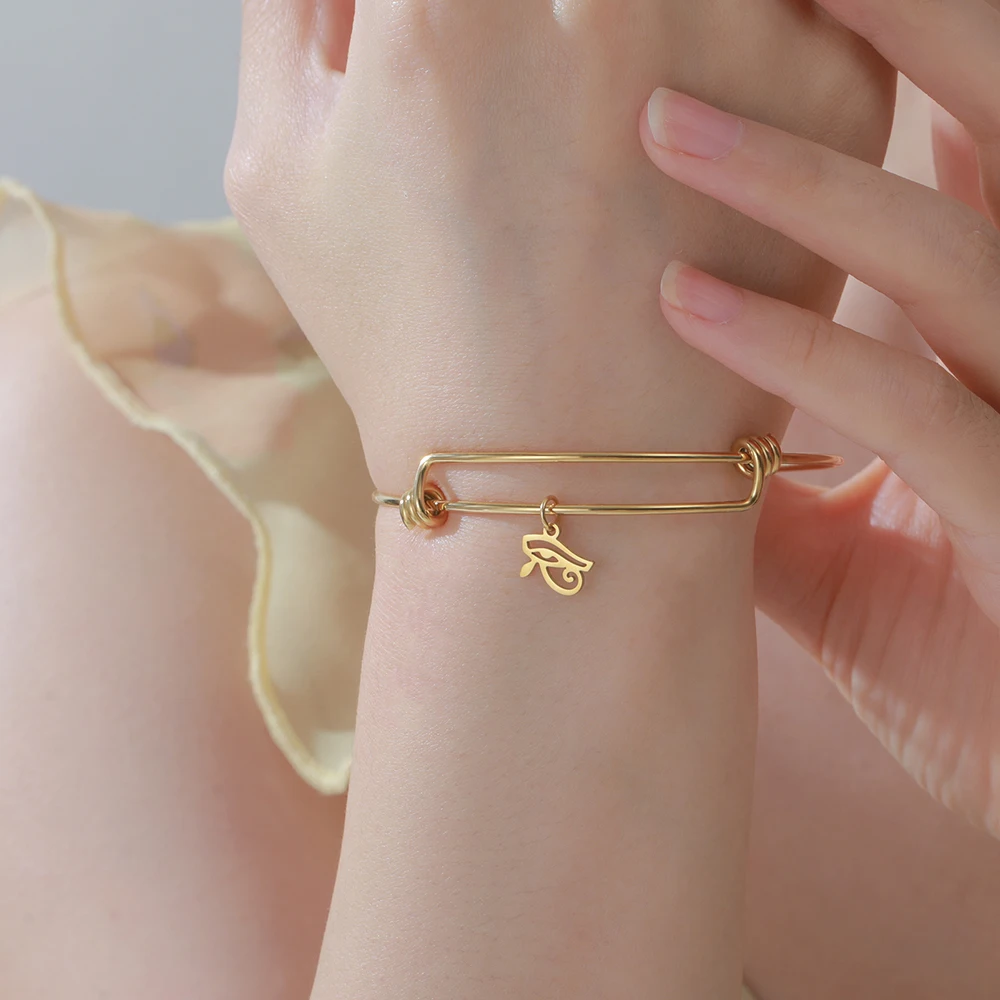 Dawapara Ankh Cross Eye of Horus Bangle Adjustable Ancient Egyptian Charm Protection Amulet Stainless Steel Jewelry - view 5