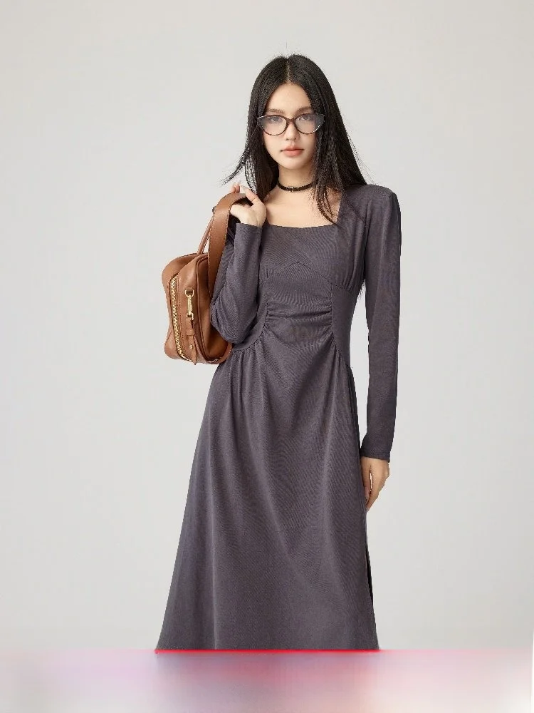 

Chill Zoeys Square Collar Design Dr Casual Cotton Blend Long Sve Midi Dr Spring Summer Autumn Basic Sle Single Piece