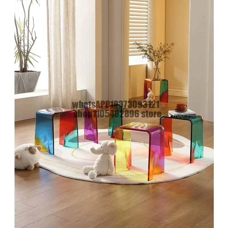 Small stool acrylic transparent Rubik's cube rainbow household shoe change low stool living room coffee table chair makeup stool view 2