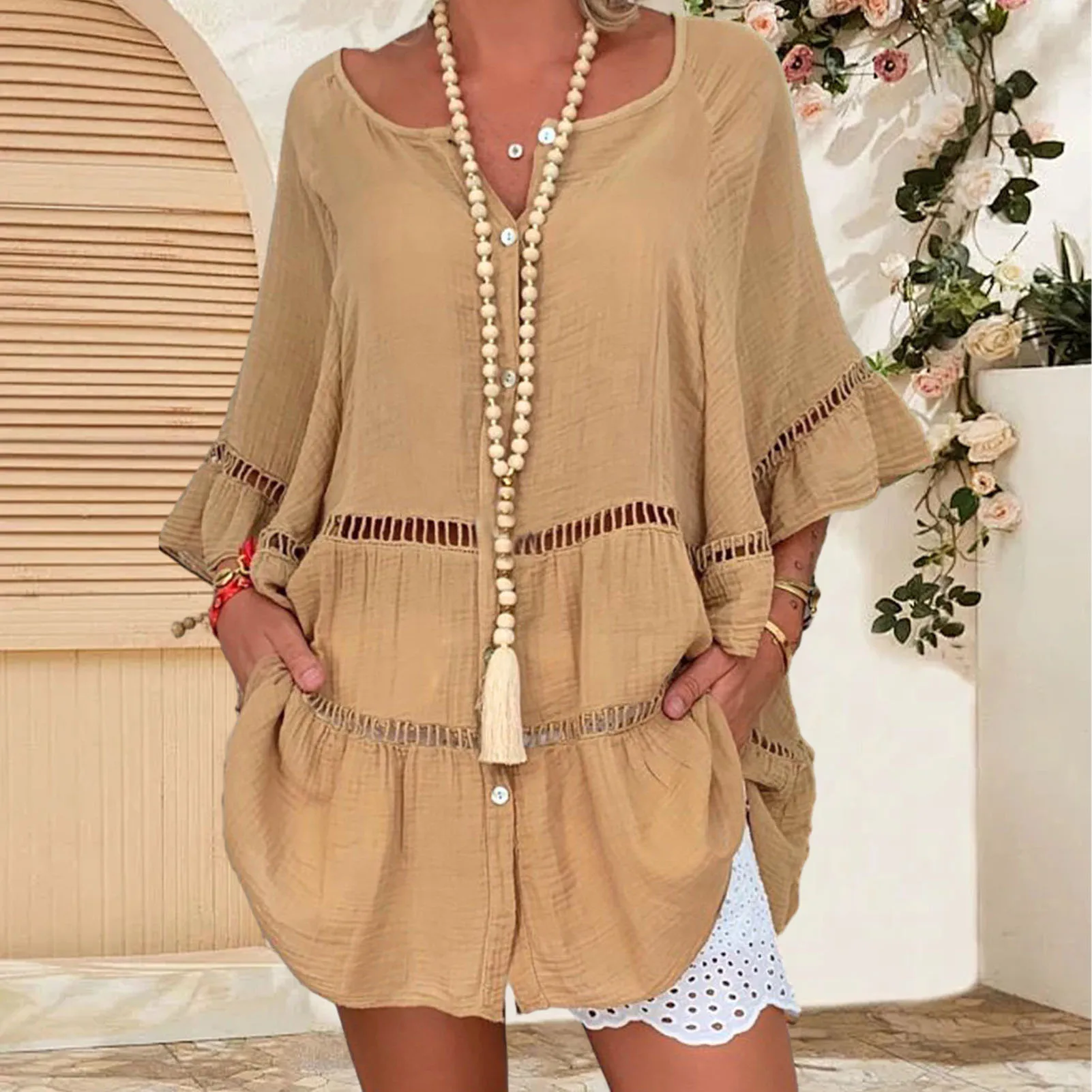 Women's Casual Shirt Dresses Loose Solid Color 3/4 Sleeve Beach Cover Up Shirts 4 Colors Optional Dresses