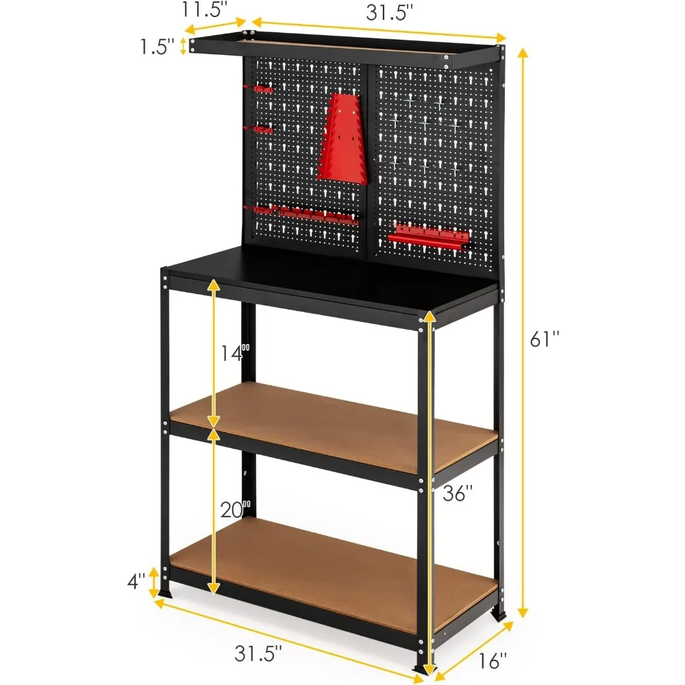 Werkbank, 32" x 16" metalen werkbank met ophangbord, 2 onderste planken en 14 hangende accessoires, robuuste stalen gereedschapsbank