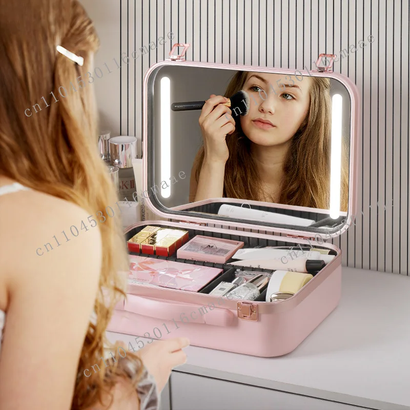 Cosmetic bag with lamp, LED light with mirror, professional portable travel, large-capacity cosmetic storage box, makeup artist