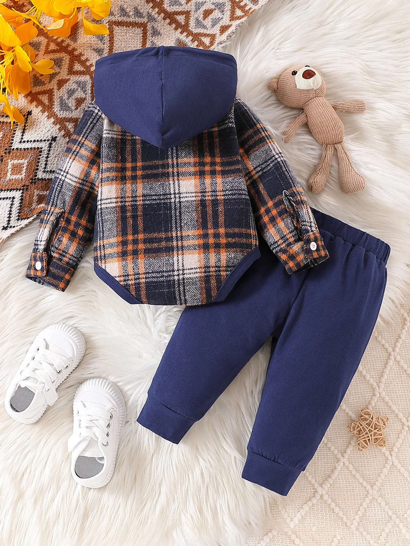 Baby Boy 2Pcs Fall Outfit Plaid Hooded Button Bodysuit Drawstring Distressed Navy Jogger Pants Casual Infant Clothes Set 1-18M