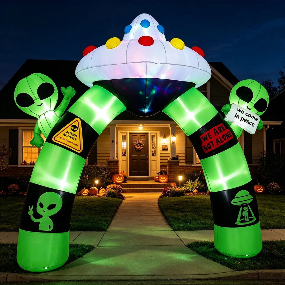 10.5FT Halloween Inflatable Alien Archway with Built-in LED Lights, Polyester Blow Up Alien UFO Arch for Yard Garden Lawn Halloween Party Decorations