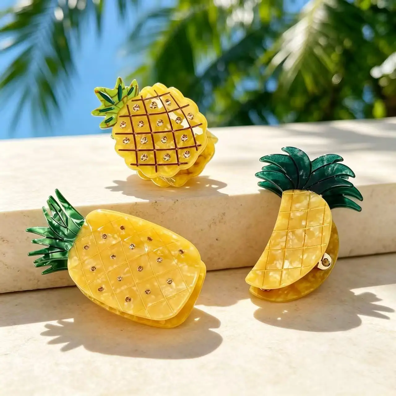 Summer Tropical Pineapple Rhinestone Acetate Shark Hair Claw Clip Cute Fruit Design Hair Grab For Women Girls Beach Party Hair A