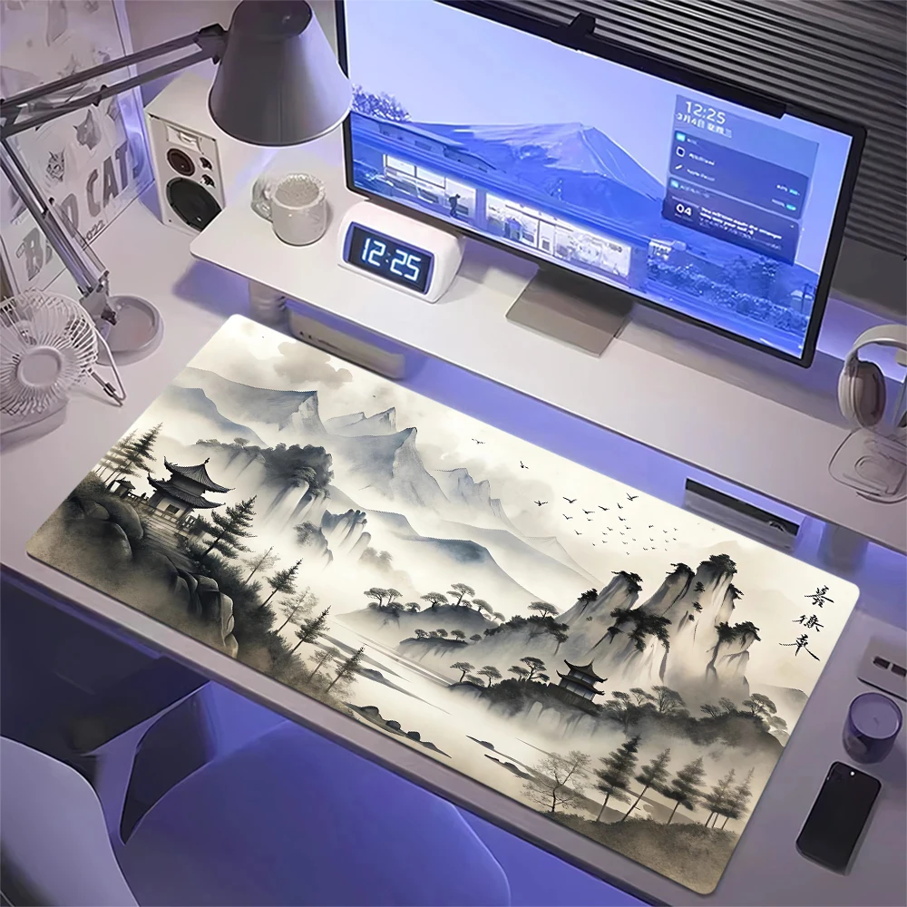 

Очень большой коврик для игровой мыши, дизайн в стиле древнекитайской живописи тушью, прямоугольный настольный коврик, подходит для офиса и домашнего использования