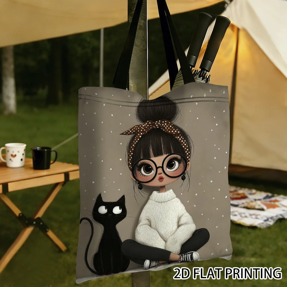 1pc Tote Bag, Light Gray Base with Cartoon Print of A with A Bun Hairstyle, Glasses, and A Black Cat