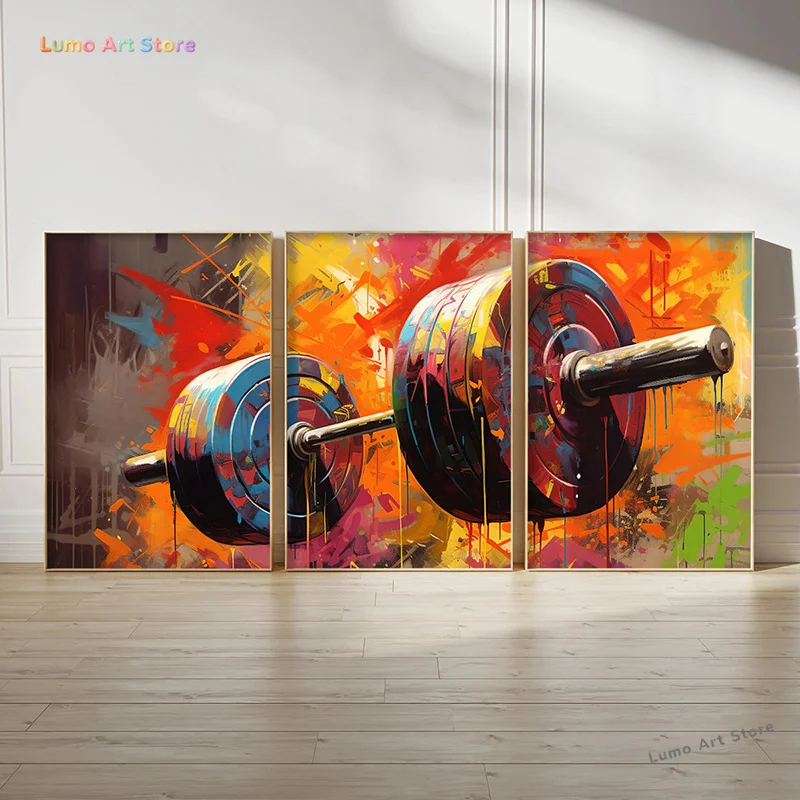 3pcs/ Set Unframed Vintage Canvas Poster, Sports Graffiti Watercolor Barbell, Abstract Wall Art Painting for Living Room, Bed