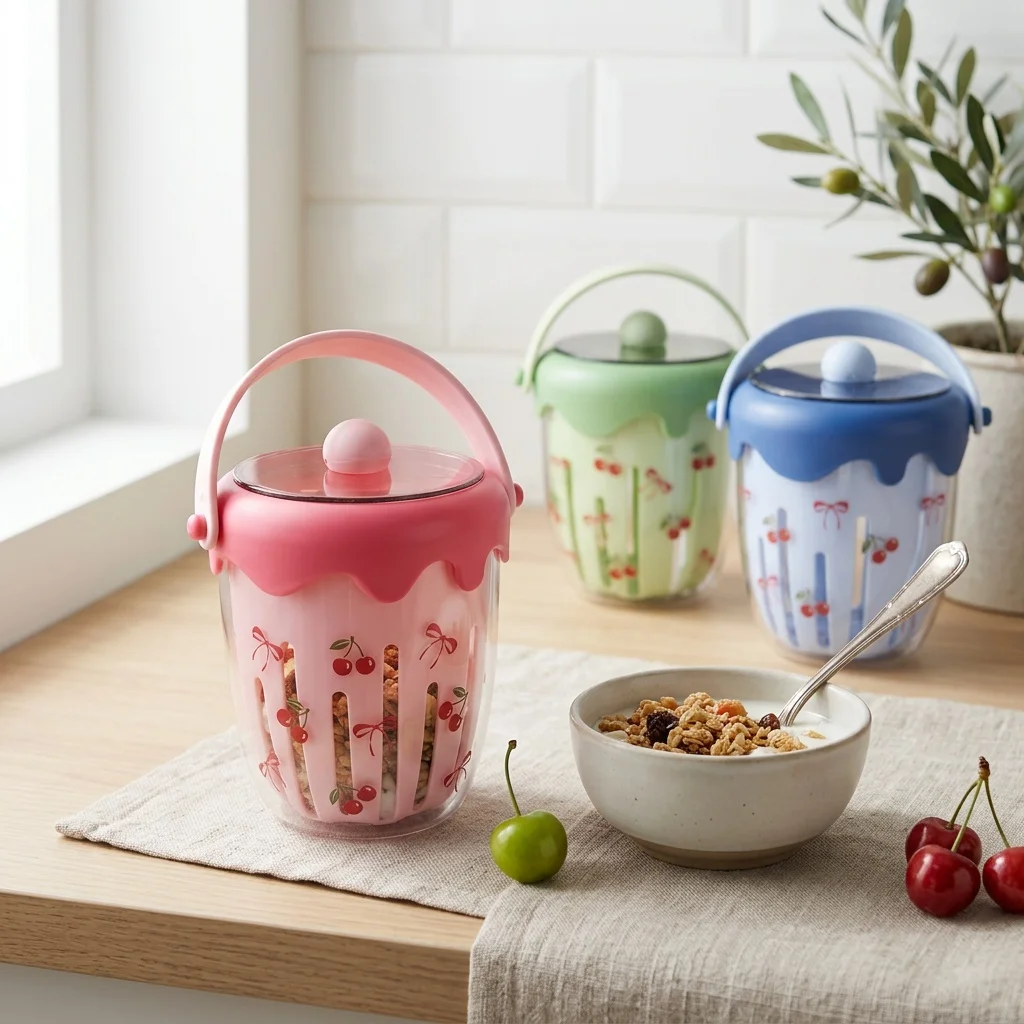 Plastic Double Layer Overnight Oats Container with Fork Handle Strainer Sealed Snack Food Storage Yogurt Salad Cup Kids School