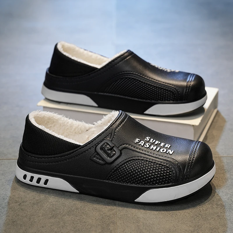 Men's fleece-lined slippers with thick soles, half-closed, warm for winter, non-slip, indoor and outdoor home shoes