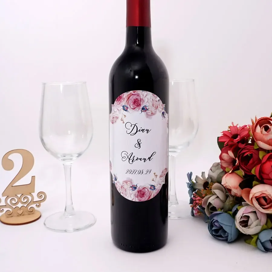 

20pcs Romantic Rose Style Wine Labels Customized Couple Names For Private Party Wedding Engagement Anniversary DIY Sticker