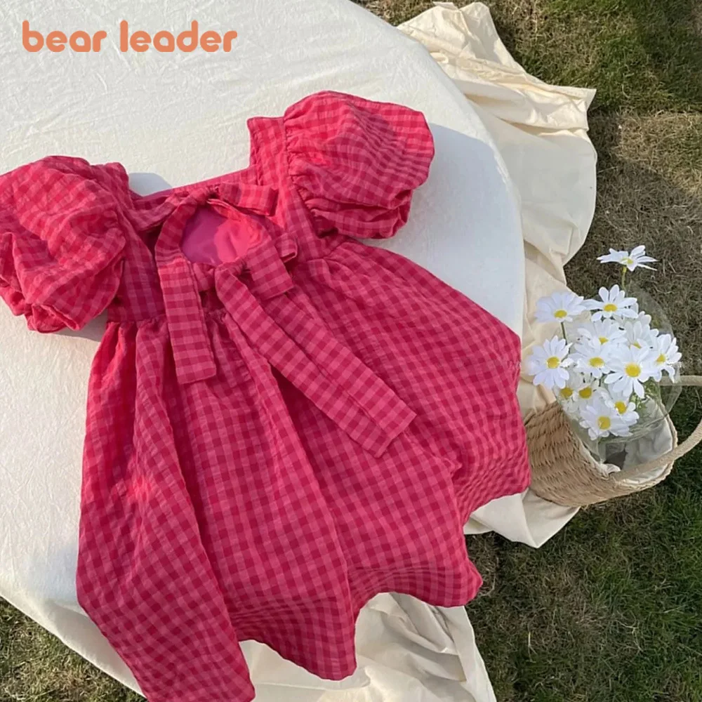 Bear Leader Summer New Korean Version Red Checkered Backless Bubble Princess Girls' Dresses Sweet and Cute Children's Dress