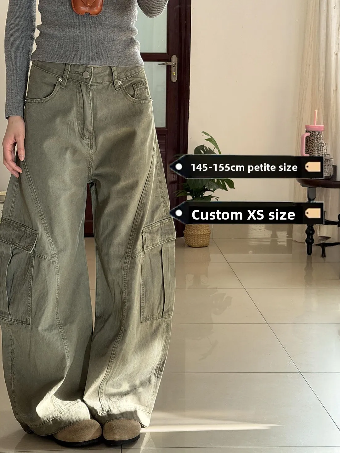 Trendy Loose Wide Leg High Waist Cargo Pants Women's Spring Summer Grey Green Knife  Denim Jeans for Short Women