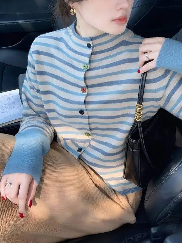 Color Block Striped Half High Collar Knitted Sweater Soft Long Sleeve Lazy Style Top Early Autumn Outerwear Women's Fashion