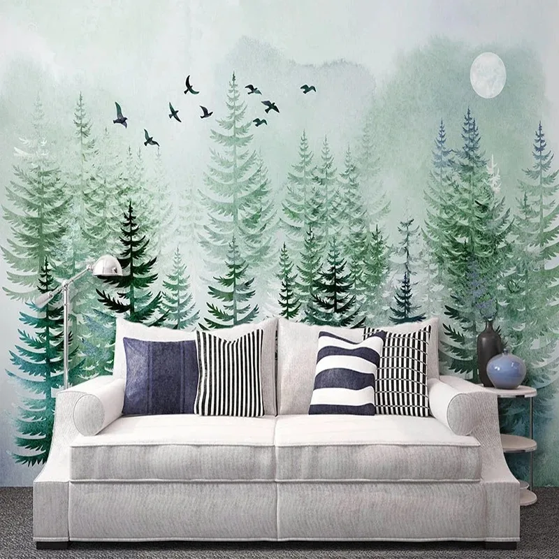 Custom Mural Wallpaper Nordic Style Hand Painted Pine Forest Elk Wallpaper Living Room Sofa TV Background Wall Papel De Parede