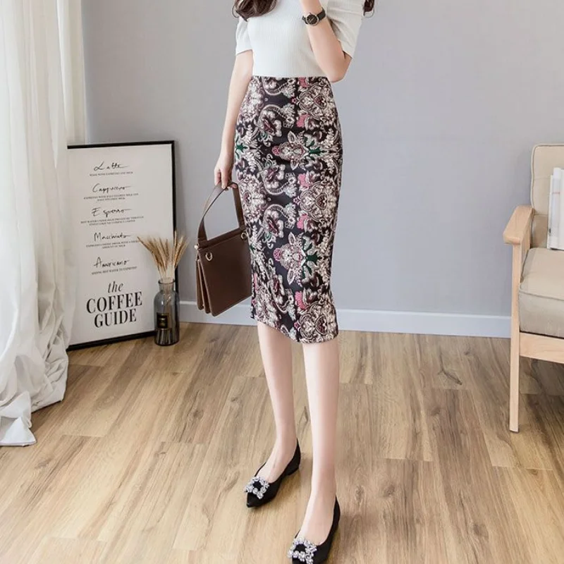 New Spring and Summer Women's Solid Colors Printed Split High Waist Zipper Bag Hip Korean Fashion Casual Commuter Skirt