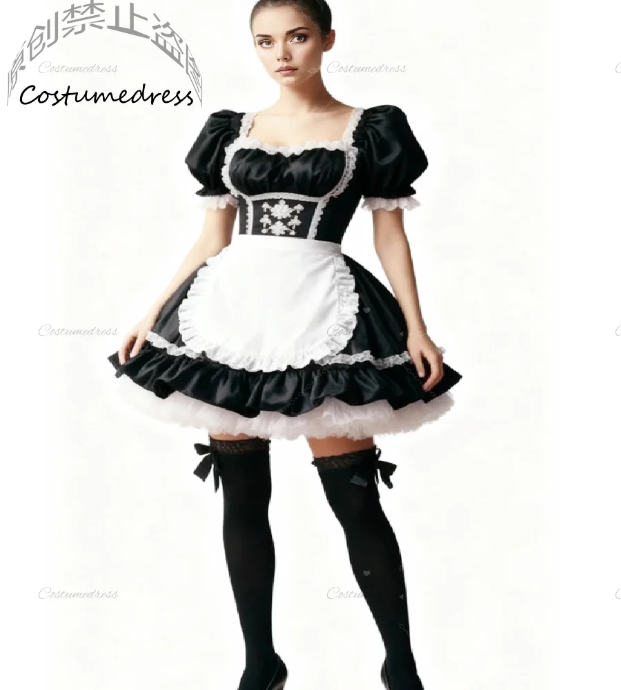 

Vintage Lolita Maid Dress Black And White Gothic Short Evening Dress Puff Sleeve Lace Roleplay Costume Party Prom Dress 2026