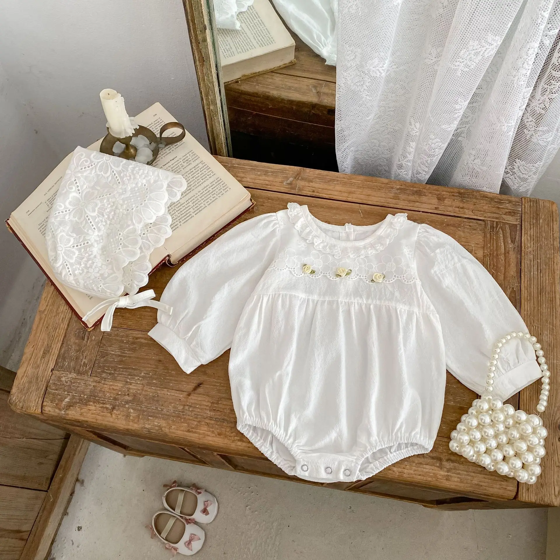 

Fall 2025 Baby Girl Romper Lace Collar Long Sleeve Loose Bodysuit Cotton Soft Comfortable Newborn Infant 0-24 Months Cute