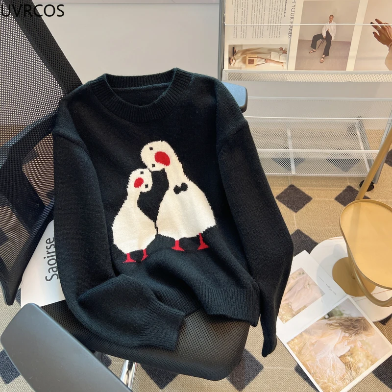 Harajuku Y2k Cartoon Goose Print Knitted Pullover Women Autumn Winter Sweet O Neck Long Sleeves Sweater Coat Loose Knitwear Tops