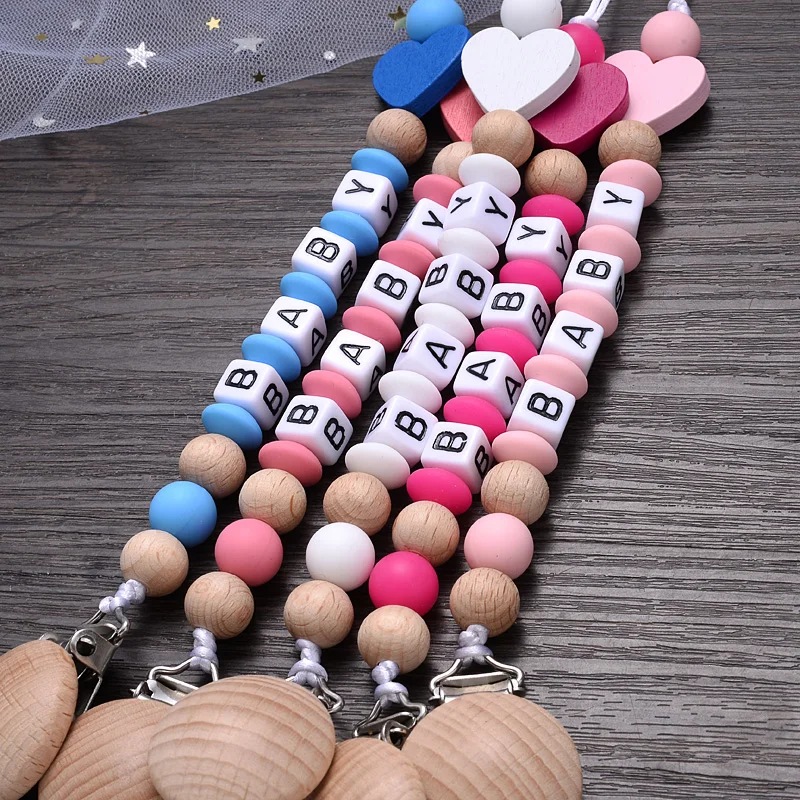 Baby Beech Wood Pacifier Clip Personalized Name Silicone Beads Nipple Chain Anti-Drop Teether Teething Chain Nursing Shower Toy