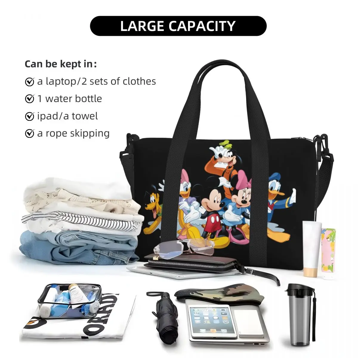 Custom Mickey Mouse Minnie Collage Sacola de praia para as Mulheres, Saco de Ginásio Extra Grande, Carry On Travel Shopping Bags