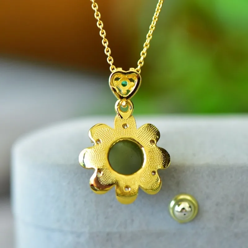 Copper Inlaid Hetian Jade Round Drum Surface Sun Flower Color Zirconium Pendant