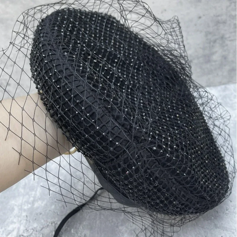 Korean mesh rhinestone beret Black elegant temperament all match pumpkin hat retro fashion painter hat