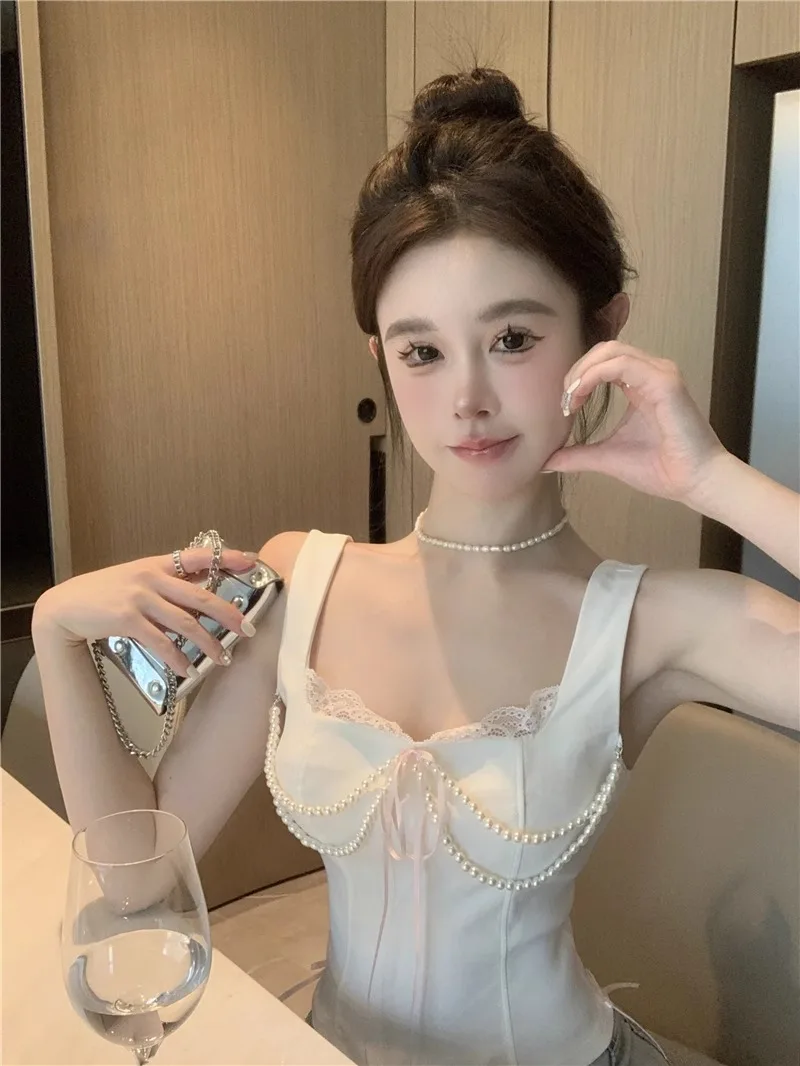 

French Spicy Girl Lace Patchwork Camisole Top Female Pearl Lace Up Collarbone Sleeveless Solid Slim Summer Gentle Bottom Top New