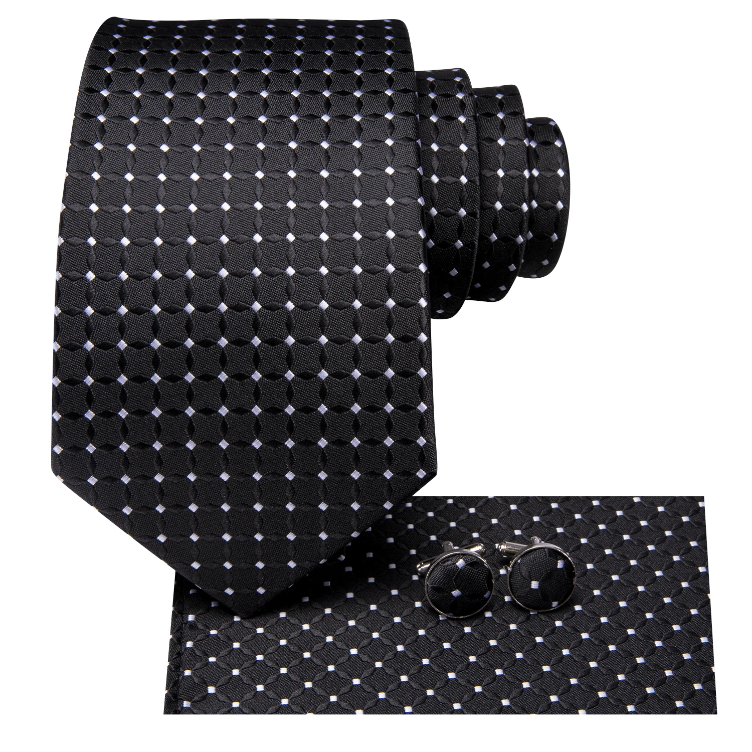 Hi-Tie Black White Polka Dots Designer Elegant Men Tie Jacquard Necktie Accessory Cravat Wedding Business Party Hanky Cufflinks