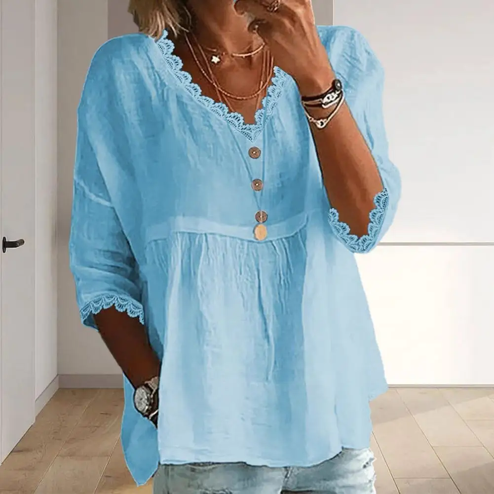 Lace Trim Summer Tee Women Shirt V-Neck 3/4 Sleeve Loose Fit Lace Splicing Tops Loose Fit Breathable Casual Lace Detail Blouse